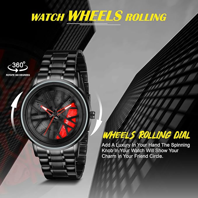 Spinning Car Wheel Dial with Black Coated Stainless Steel Chain & Butterfly Double Snap Lock for Men & Boys