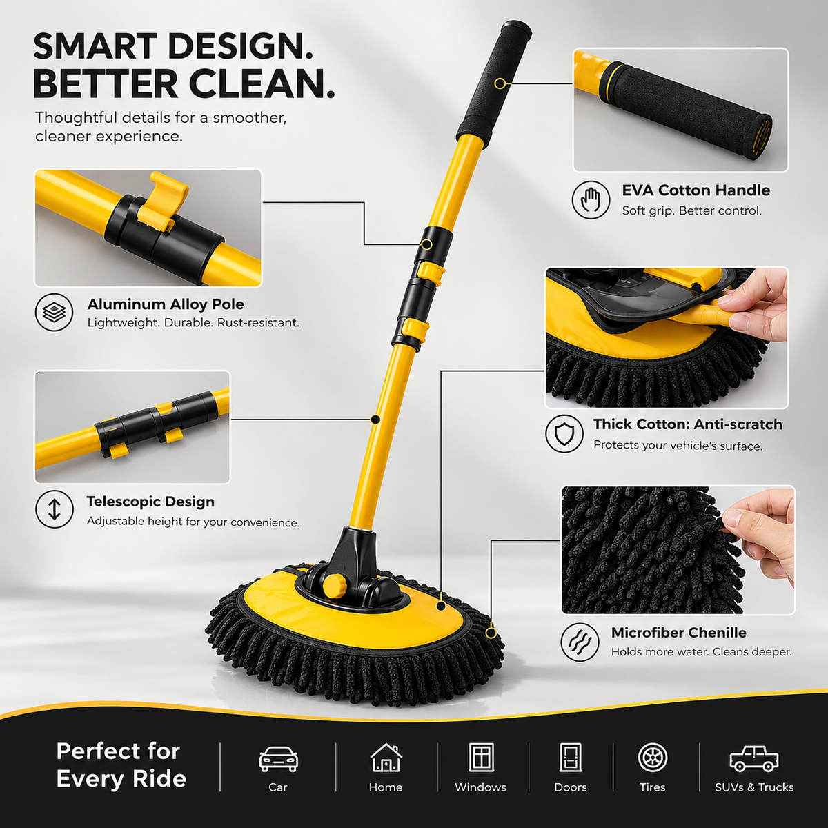 GlossDrive™ Curved Car Cleaning Brush with Extendable Telescopic Handle
